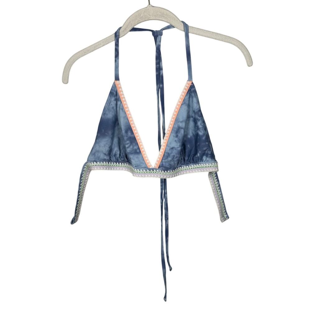 Blue Tie Dye Embroidered Trim Triangle Bikini Swimsuit Top Women's Large